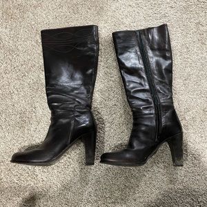 Dark brown leather high heel boots